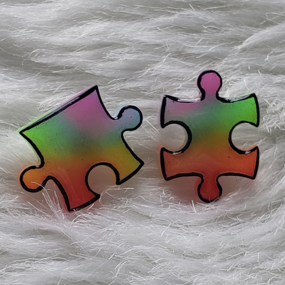 Handmade Rainbow Puzzle Pieces Stud Earrings - Reacts to UV Light - Picture 3 of 8